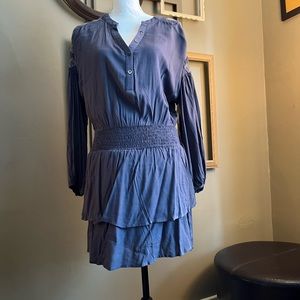 Hummingbird long sleeved embroidered dress. Two layered skirt. Size M. NWT. Blue